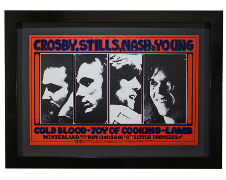 BG-200  By Randy Tuten, this 1969 CSNY poster features pictures of Crosby, Stills, Nash, and Young. Concert was Nov 13-16 1969 at Winterland and photo was by Henry Diltz