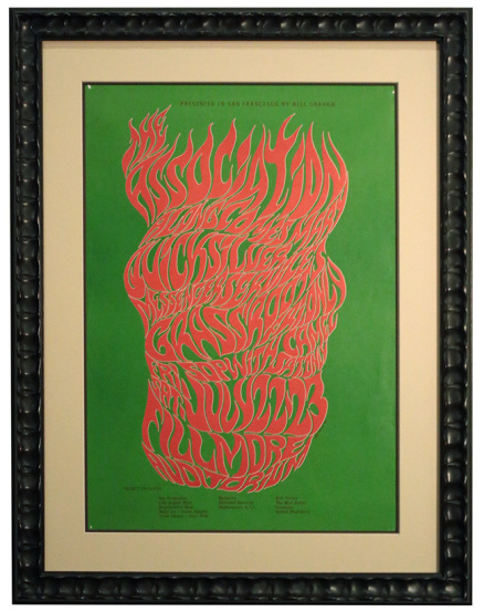 BG-18 Flame lettering poster by Wes Wilson from July 1966 for The Association, Quicksilver, the Grass Roots and Sopwith Camel at the Fillmore