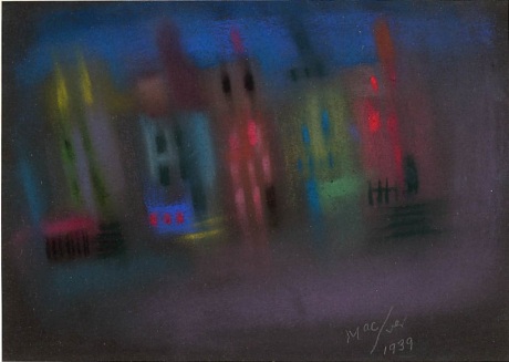 Greenwich Village Night I,&nbsp;1939, pastel on black paper, 8 x 10 7/8 inches