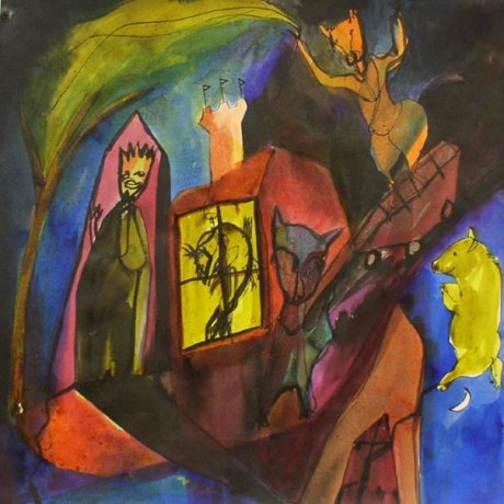 Figurative work with a king, a cat, a cow and a pig in a fantasy dreamscape