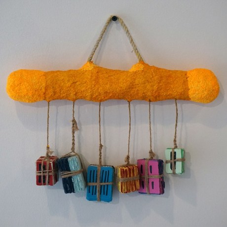 Mohamed Ahmed Ibrahim, Hanging Objects 10,&nbsp;2020,&nbsp;Paper mache and cardboard,&nbsp;6 x 19.5&nbsp;in