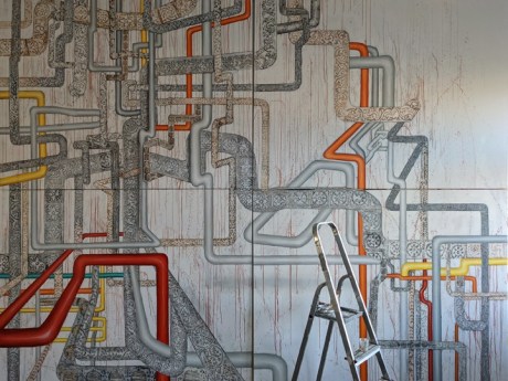 Nadia Kaabi-Linke,&nbsp;Whitewashing after the Carnage at the Waterpipe,&nbsp;2021,&nbsp;Mixed media on canvas, 118 x 157.5 in