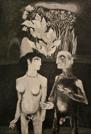 Laxma Goud,&nbsp;Two Naked Figures,&nbsp;1980,&nbsp;Etching, 8 x 5.5 in