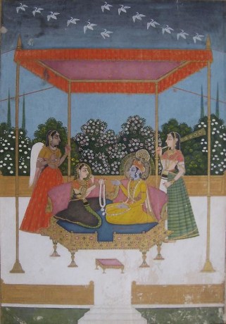 Radha Offering a Flower Garland to Krishna