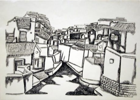 Laxma Goud,&nbsp;Untitled (Urban Centre Street),&nbsp;1980,&nbsp;Ink on paper,&nbsp;11 x 16 in, &nbsp;