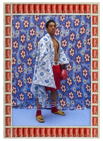 Hassan Hajjaj, Zezo Tamsamani,&nbsp;2010,&nbsp;Metallic lambda print on dibond with wood and found objects,&nbsp;53.5 x 37 in