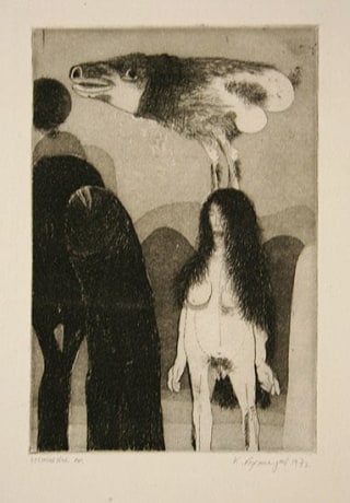 Laxma Goud,&nbsp;Untitled&nbsp;(Woman with Beast on Head),&nbsp;1972, Etching,&nbsp;7.5 x 5.5 in