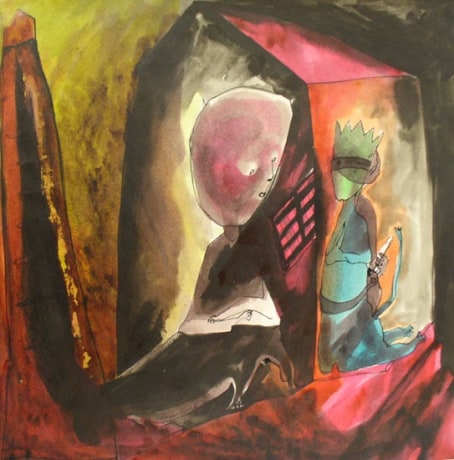 Figurative painting of a large headed figure at a confessional booth
