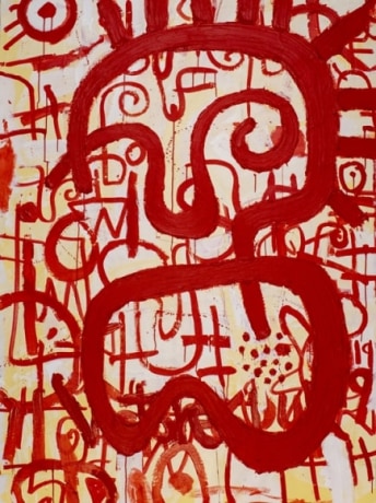 Victor Ekpuk, Composition in Red 2,&nbsp;2019,&nbsp;Acrylic on canvas,&nbsp;66 x 48&nbsp;in