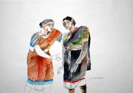 Laxma Goud,&nbsp;Two Women, Hand on Shoulder,&nbsp;Watercolor on paper, 10.5 x 14.5 in, &nbsp;