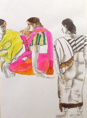 Laxma Goud,&nbsp;Three Women,&nbsp;Watercolor and ink on paper, 10 x 13.5 in, &nbsp;