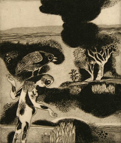 Laxma Goud,&nbsp;Untitled&nbsp;(Woman with Bird on Head),&nbsp;1970,&nbsp;Etching, 8 x 6.5 in