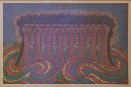 Sadequain, Untitled (Fifteen Heads),&nbsp;1986,&nbsp;Oil pastel on board,&nbsp;25 x 37.5 in