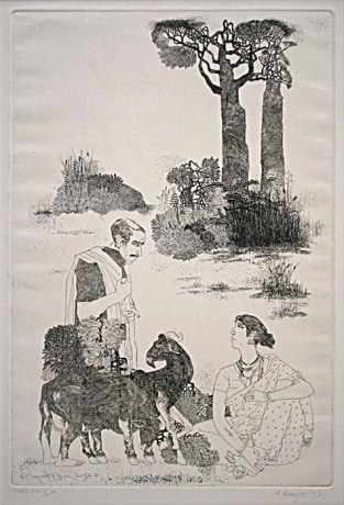 Laxma Goud,&nbsp;Man with Goats and Seated Woman,&nbsp;1978,&nbsp;Etching,&nbsp;19 x 13 in