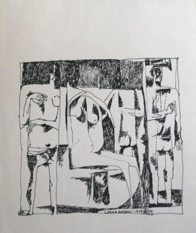Laxma Goud,&nbsp;Headless Man Woman Man,&nbsp;1965,&nbsp;Ink on paper, 8.5 x 7 in, &nbsp;