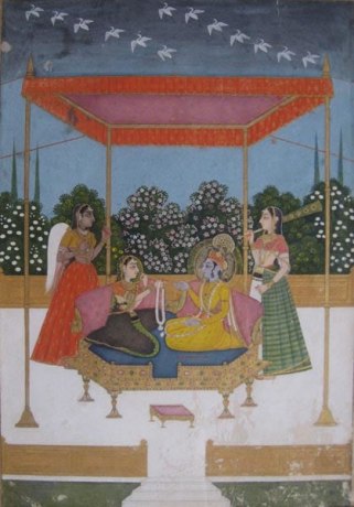 Radha Offering a Flower Garland to Krishna