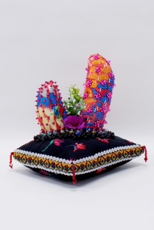 Max Colby,&nbsp;Spectral, 2018, Crystal and plastic beads and sequins, found fabric, trim, fabric flowers, polyester batting, thread, 12.5 x 10.5 x 10 in (31.75 x 26.67 x 25.4 cm)