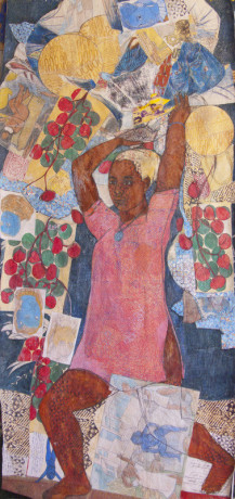 Painting of a woman (most likely the artist) surrounded by berries and mini versions of other paintings