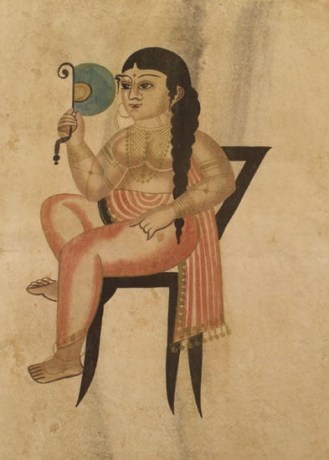 Kalighat Painting UNTITLED 38 (SITTING GIRL WITH BLUE FAN)