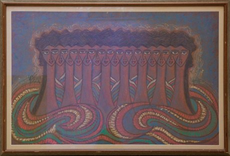 Sadequain, Untitled (Fifteen heads), 1986, Oil pastel on board, 25 x 37.5&nbsp;in