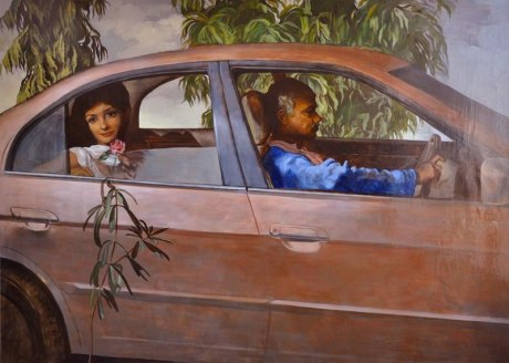 Salman Toor,&nbsp;Girl with Driver,&nbsp;2013,&nbsp;Oil on canvas, 53 x 58 in