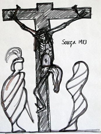 drawing of Christ on the cross with two figures