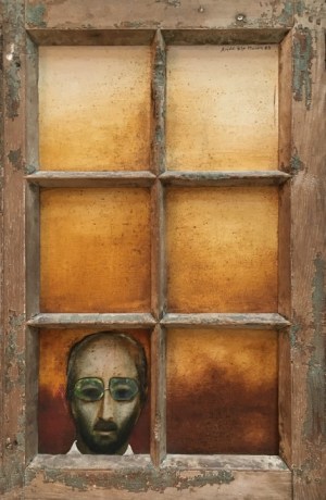 Anjolie Ela Menon,&nbsp;Man from Bombay,&nbsp;1985,&nbsp;Oil on Masonite board with wooden window frame, 36 x 24 in