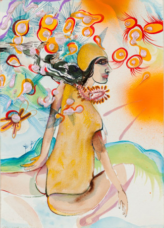 Rina Banerjee, Where I came from was water and salt and this is where I will go with bangles to tackle my human opponents and tangles of hair that snaked out of air her tongue and yours will know when to play with water, mountain and or air this no human laws shall come to rule,&nbsp;2015,&nbsp;Ink, acrylic, gold and copper on paper,&nbsp;14 x 10 in