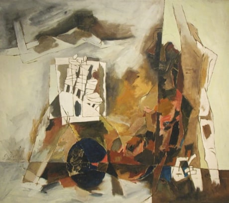 Maqbool Fida Husain, 3 Unidentified Men on Hilltop, 1969,&nbsp;Oil on canvas, 59 &frac34; x 67 in (151.8 x 170.2 cm), HUSMF192