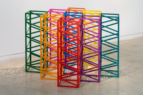 Geometric horizontal structures with straight vertical, horizontal and diagonal strokes in orange, purple, yellow, pink, blue and green color