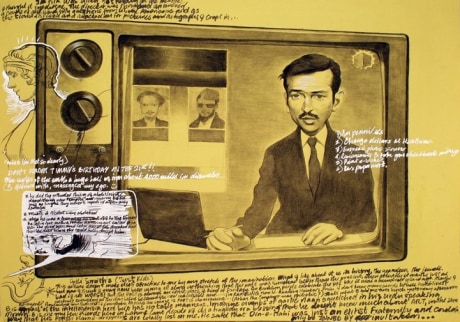 Salman Toor,&nbsp;Newscaster II,&nbsp;2014,&nbsp;Charcoal, chalk and marker on paper, 20 x 26 in