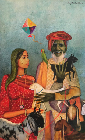 Anjolie Ela Menon with Robyn Beeche,&nbsp;Pastorale I,&nbsp;2015,&nbsp;Oil and print on canvas,&nbsp;36 x 22.5 in