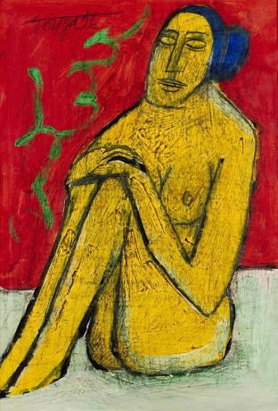 F. N. Souza,&nbsp;Seated Female Nude&nbsp;2,1956,&nbsp;Oil and pencil on paper,&nbsp;21.5 x 14.5 in&nbsp;