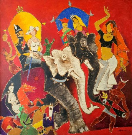 M.F. Husain, Untitled (British Raj), 1986, Acrylic on canvas, 73 x 71 in