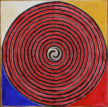 abstract painting of concentric circles in primary colours