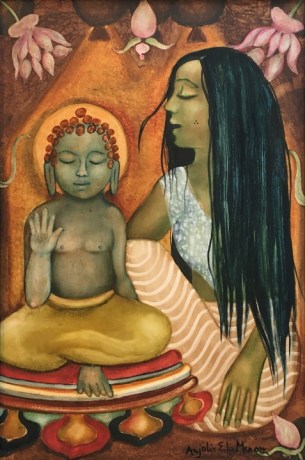 Anjolie Ela Menon,&nbsp;Divine Mothers Series:&nbsp;Maya with Gautama,&nbsp;2016,&nbsp;Oil on Masonite board,&nbsp;36 x 24 in