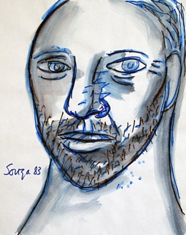 Bust portrait of a man in blue ink