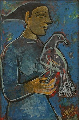 Woman holding bird on a dark blue background