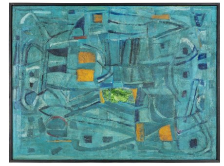 A pastel tone of blue green of painting with yellow, blue, green and black abstract shapes and strokes