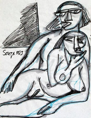 F. N. Souza,&nbsp;Untitled (Couple Lying),&nbsp;1983,&nbsp;Ink on paper, 11 x 8.5 in
