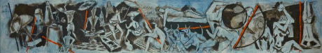 Maqbool Fida Husain, Baba Naam Kevalam &ldquo;beloved&rdquo; or &ldquo;Love is all there is&rdquo;, c. 2009,&nbsp;Acrylic and mixed media on canvas, 27 x 156 in (68.6 x 296.2 cm), HUSMF463