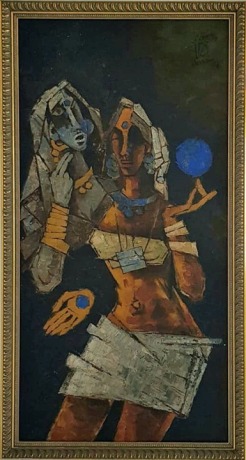 M.F. Husain, Untitled (Two Figures),&nbsp;1977, Acrylic on canvas, 48 x 24 in