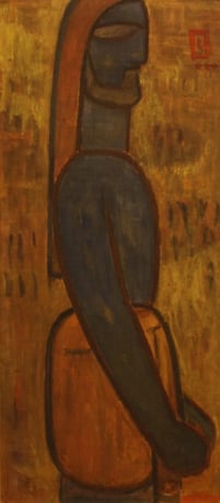 Jamini Roy, Blue Man standing in profile, Tempera on cloth pasted on board, 39.5 x 17.5 in