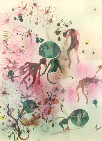 Rina Banerjee,&nbsp;Bacteria: In combat 540 wild beast in green fury took refuge in curdled milk, kindled friendship with nomads skimmed butter as treasure absconed with proteins warmed milk until certain odor blew more flora,&nbsp;2012,&nbsp;Acrylic on watercolor paper,&nbsp;30 x 22 in