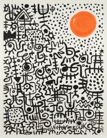 Victor Ekpuk,&nbsp;Santa Fe Sunset,&nbsp;2013, Ink on paper, 49 x 38 in