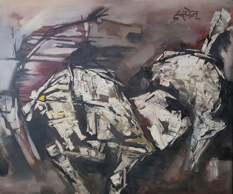 M.F. Husain, Untitled (Two Horses), 1970s, Oil on canvas, 30 x 36&nbsp;