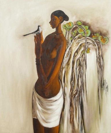 B. Prabha, Untitled (Woman and Bird),&nbsp;Oil on canvas, 36 x 33 in