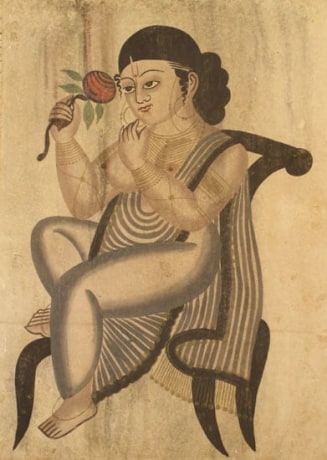 Kalighat Painting UNTITLED 35 (SITTING GIRL WITH FLOWER)