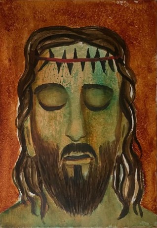 A human figure with crown of thorn in tone of beige and green with the brown background