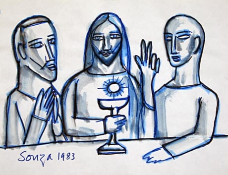 Drawing of Christ and two Disciples in blue ink